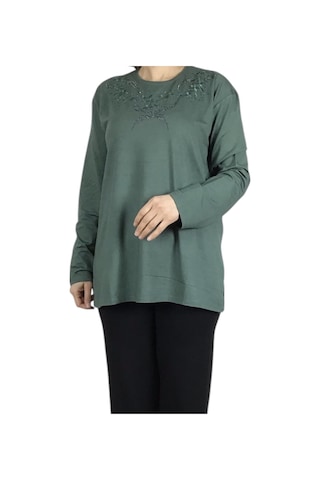Kadın Yakası Taşlı Likralı Büyük Beden Bluz Arpbattal1 Mint Yeşili
