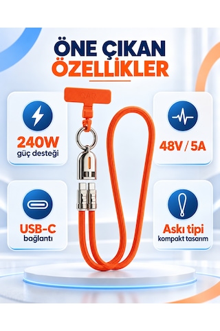 Qar Usb-c To Usb-c Askılı Şarj Ve Data Kablosu 240w 48v 5a Hızlı Şarj Örgülü Boyun Askılı Telefon Askı Aparatlı Turuncu
