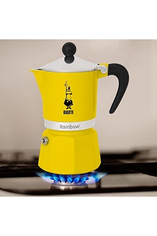 Rainbow: 6 Cups Ocak Üstü Espresso Pişirici - 250ml - Sarı Renk - Alüminyum Gövde - Patentli Güvenlik Valfi - Tü Genel