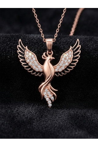 925 Ayar Gümüş Zümrüdüanka Kuşu Kolye - Rose Gold Kaplama Siyah Mineli Kadın Kolye Rzn10370 Gümüş