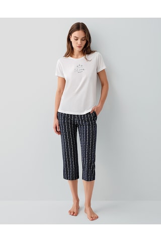 Pierre Cardin 9207 Modal Pamuk Cepli Kısa Kol Kapri Kadın Pijama Takımı Beyaz
