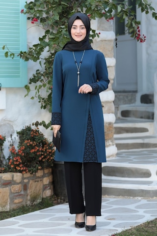 Lazer Kesim Detaylı Büyük Beden Tesettür Takım İndigo