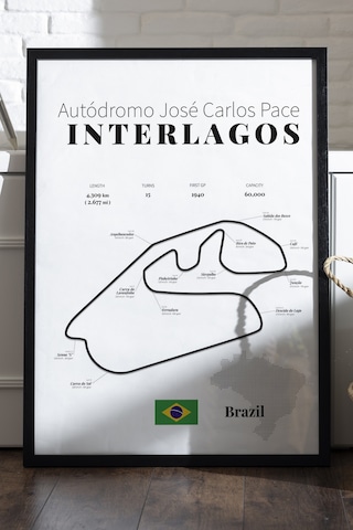 Interlagos Formula 1 Siyah Ahşap Çerçeveli Poster, Dekoratif Harita Duvar Tablosu