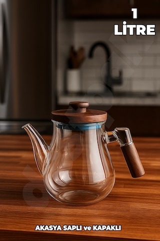Akasya Kapaklı Ve Saplı Yuvarlak Cam Demlik - Isıya Dayanıklı - Cam Demlikli - Akasya Kapaklı Cam