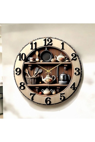 Mutfak Rafı Kabartma Görünümlü Renkli Baskı Desenli Sayılı Hediyelik Ahşap Sessiz Duvar Saati 50cm ÇOk Renkli
