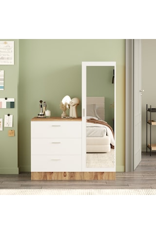 Yurudesign Nancy Aynalı Şifonyer Gardırop Çam-Beyaz