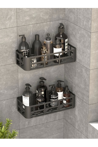 Banyo Duş Rafı 2'li Yapışkanlı Ve Deliksiz Duş Organizer Suya Dayanıklı Siyah Raf Diğer
