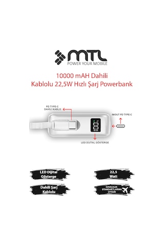 10000 Mah 22.5w Süper Hızlı Dahili Type-c Kablolu Dijital Göstergeli Hızlı Şarj Powerbank Mt4540 Beyaz