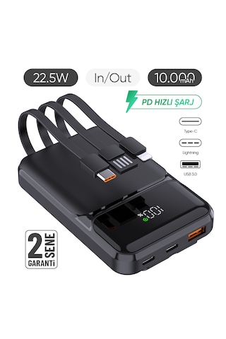 Snp-3006 10.000 Mah Hızlı Şarj Led Göstergeli Powerbank 3in1 Dahili Kablolu Powerbank Çoklu Giriş Siyah