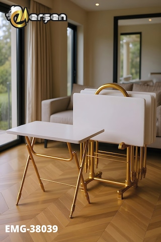 Eranş Serisi 4'lü Katlanır Mdf Mebran Ahşap Çanta Zigon Sehpa Gold Ayak Beyaz Desen Gold Ayak