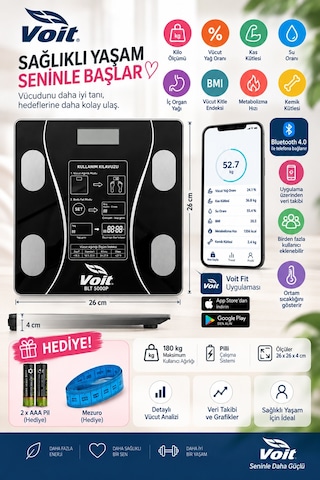 Voit Blt5000 Bluetooth Baskül - Dijital Akıllı Tartı - Yağ Ölçer Tartı - Pil Ve Mezura Hediyeli Tartı - Siyah