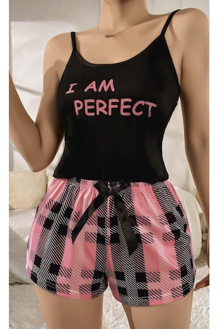 Kadın Siyah Kare Desenli Askılı Şortlu Pijama Takım 5012 Siyah