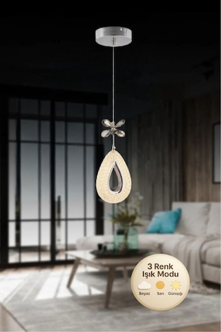 Damla Model Krom 3 Renk Modu Ledli Kristal Taşlı Modern Salon Mutfak Oturma Odası Led Avize Krom
