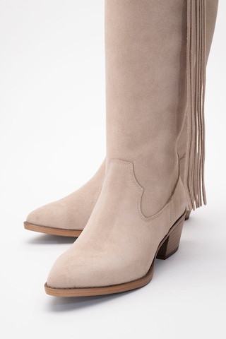Luvishoes Luvi Shoes Rios Bej Hakiki Deri Süet Püsküllü Kadın Kalın Topuklu Çizme Bej Süet