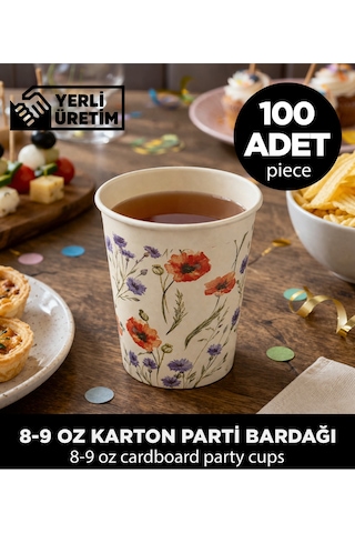 Gelincik Ve Kır Çiçeği Desenli 8-9 Oz Şık Davet Ve Organizasyon Karton Parti Bardağı 100 Adet Diğer