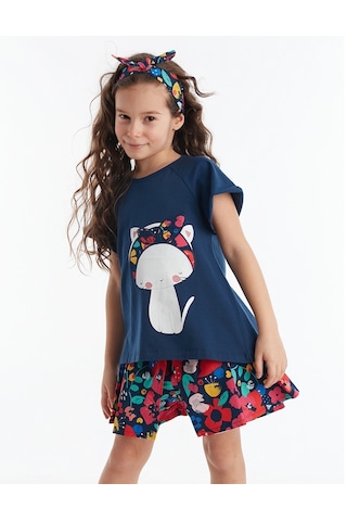 Denokids Çiçekli Kedi Kız Şort Takım Çok Renkli
