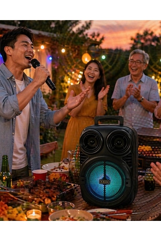 Rgb Işıklı Bluetooth Karaoke Hoparlör Mikrofonlu Usb Tf Kart Destekli Taşınabilir Speaker - Lisinya