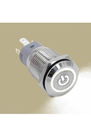 Alkatronik 16mm Metal Buton Beyaz Power Sembol Led Işıklı Panel Montaj Düz Kafa Kilitlemeli Dc 6a 12v Ip67 Düğm 1