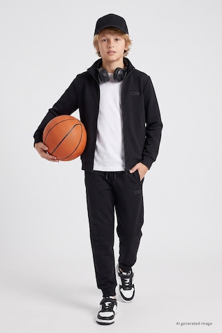 TOMMYLIFE Siyah Standart Fit Basic Dik Yaka Jogger Erkek Çocuk Eşofman Takım - 11327