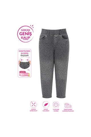 Zanessi Fashıon Büyük Beden Yüksek Bel Taş Detaylı Likralı Denim Mom Kadın Pantolon Siyah