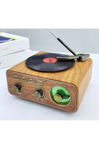 Nostaljik Tasarım Plak Çalar Görünümlü Ralu Bluetooth Hoparlör Retro Müzik Plak Açık Kahverengi