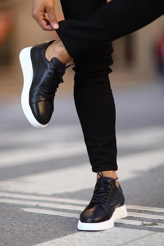Shoetyle - Siyah Hakiki Deri Bağcıklı Erkek Sneaker 101-7039-1259 Siyah