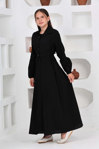 Kız Çocuk Uzun Boy Gofre Kumaş Jile & Elbise İki Parça Takım Astarlı Zarif Set-4948 Siyah