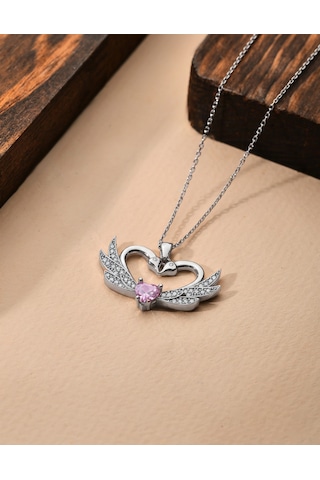 925 Ayar Zirkon Taşlı Rodyum Birleşen Kuğular Kalp Motifli Gümüş Aşk Kolyesi Gümüş - Rodyum