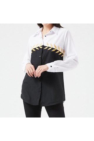 Kadın Siyah-beyaz Yaprak Nakışlı Gömlek Beyaz