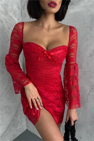 Dip Moda Kadın Kırmızı Glop Detaylı Dantel Mini Elbise Dpnbdf105 Kırmızı