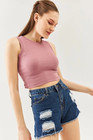 Butikgiz Kadın Sıfır Kol Bisiklet Yaka Vücuda Oturan %100 Pamuklu Kaşkorse Esnek Crop Bluz Gül Kurusu