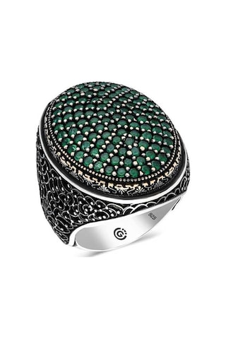 Premium 925 Ayar Gümüş Yeşil Zirkon Taşlı Oval Erkek Yüzük - 26 Ölçü