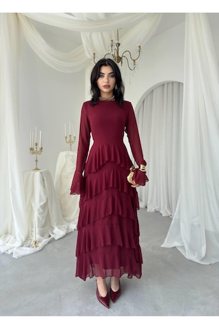 Nils Butik Katlı Şifon Detaylı Uzun Abiye Elbise Bordo