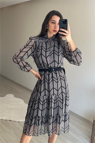 Neşeli Butik Kadın Yaka Lastikli Küçük Puantiyeli Midi Şifon Elbise Nm022 Siyah