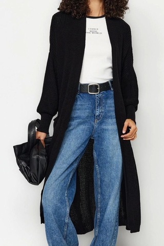 Frm Kadın Moda Şık Uzun V Yaka Regular Maxi Basic Triko Hırka Siyah