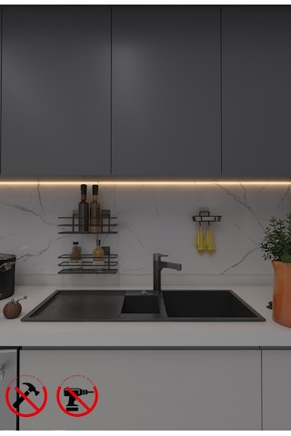 Alper Banyo Yapışkanlı Kancalı 2 Adet Düzenleyici Raf Mat Siyah
