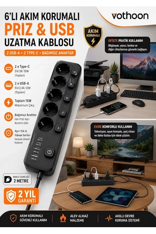 Akım Korumalı 5 Li Priz 2xusb 2xtype-c Çıkış Akım Koruma Çoklu Priz Çoğaltıcı Anahtarlı Ftr-31 Siyah