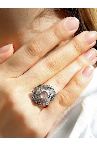 Doğal Taş Pembe Kuvars Doğal Taşlı Telkari Modelli Kadın Ayarlanabilir Gümüş Kaplama Yüzük Euy65pkr Pembe