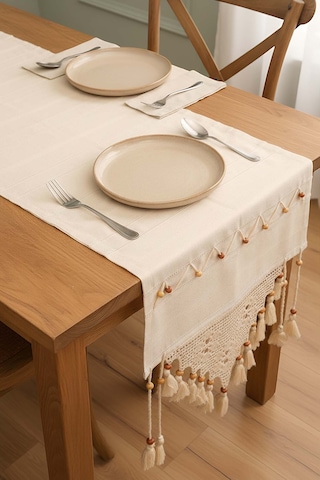 Dantel İşlemeli Boncuklu Runner 50x130 Cm Krem
