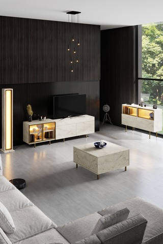 Vienna Gold Demir Ayaklı Rgb Led Işık Sistemli Traverten Tv Ünitesi Tv Sehpası Traverten - Altın