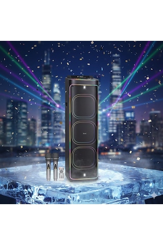 2272 Dijital Led Göstergeli Çift Kablosuz Mikrofonlu Rgb Tws Üçlü 12 İnç Stereo Bass Kablosuz Karaoke Hoparlör