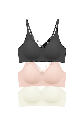 Cottonill Seamless Bra - Lucent Lazer Kesim Balensiz Ön Çapraz Şerit Detaylı Kadın Sütyen 3'lü Paket-2 Siyah - Ten