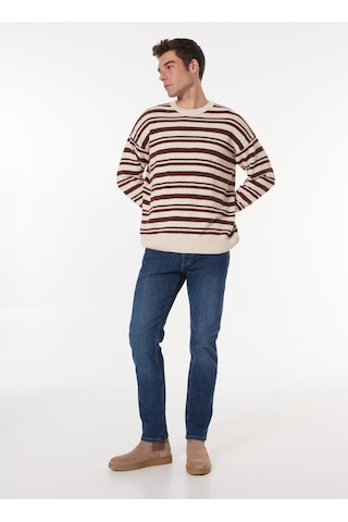 Mustang Erkek Kahve - Bej Bisiklet Yaka Loose Fit Çizgili Kazak M4wm-kzk-1622