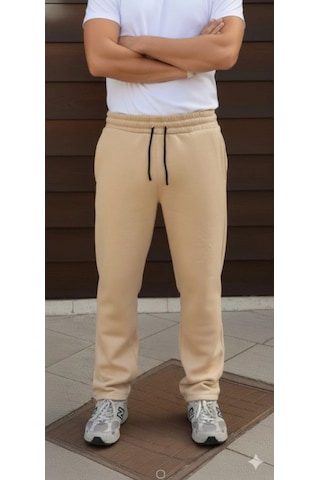 Efnaz Style Erkek Üç Iplik Kışlık Pamuklu Ovarsize Bağcıklı Düz Paça Cepli Eşofman Altı Spor Rahat Model - Bej