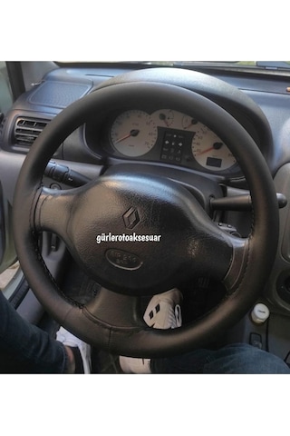 Renault Uyumlu Clio 2 Dikmeli Direksiyon Kılıfı Soft Siyah Deri Siyah Ipli 38 10cm Siyah