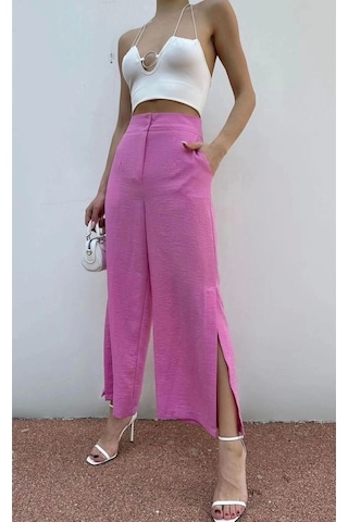 Hazel Kadın Pembe Keten Yırtmaçlı Yüksek Bel Palazzo Pantolon-pembe Pembe