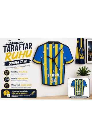 İsimli Taraftar Duvar Saati , Kişiye Özel - Hediyelik İsimli Forma Duvar Saati - İsimli Sarı Laciver Siyah