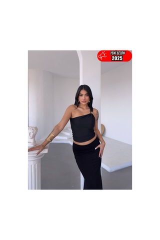 Stilvibe Tek Omuz Tokalı Sandy Bluz Siyah