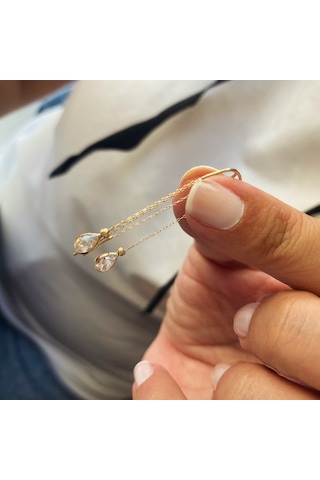 Beyaz Damla Taşlı 14k Altın Zincir Küpe