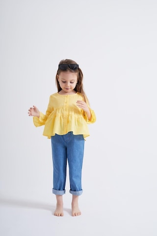 Oliventhekid Sarı Vual Önden Düğmeli Robadan Büzgülü Kol Ucu Fırfırlı Kız Çocuk Gömlek Sarı Sarı